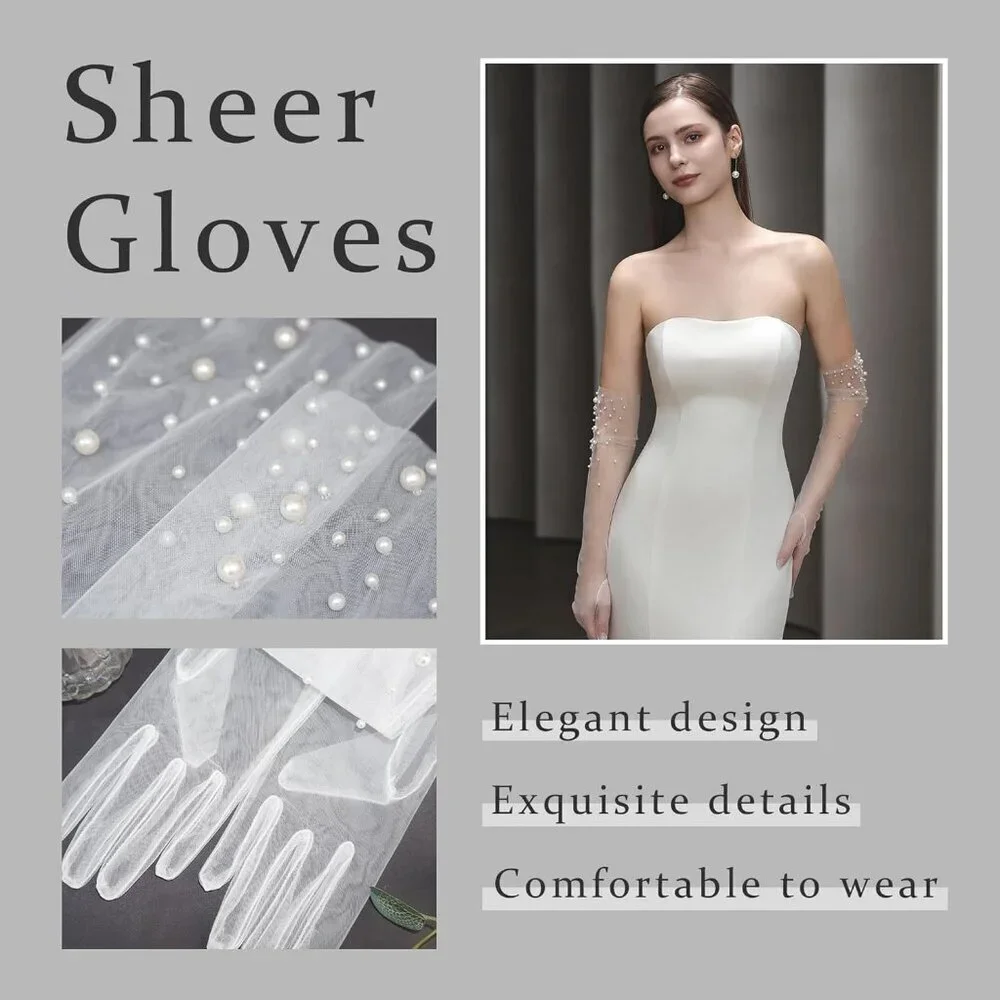 Women's Off-White Tulle Pearl Long Sleeves Gloves Bridal Party Prom Costumes